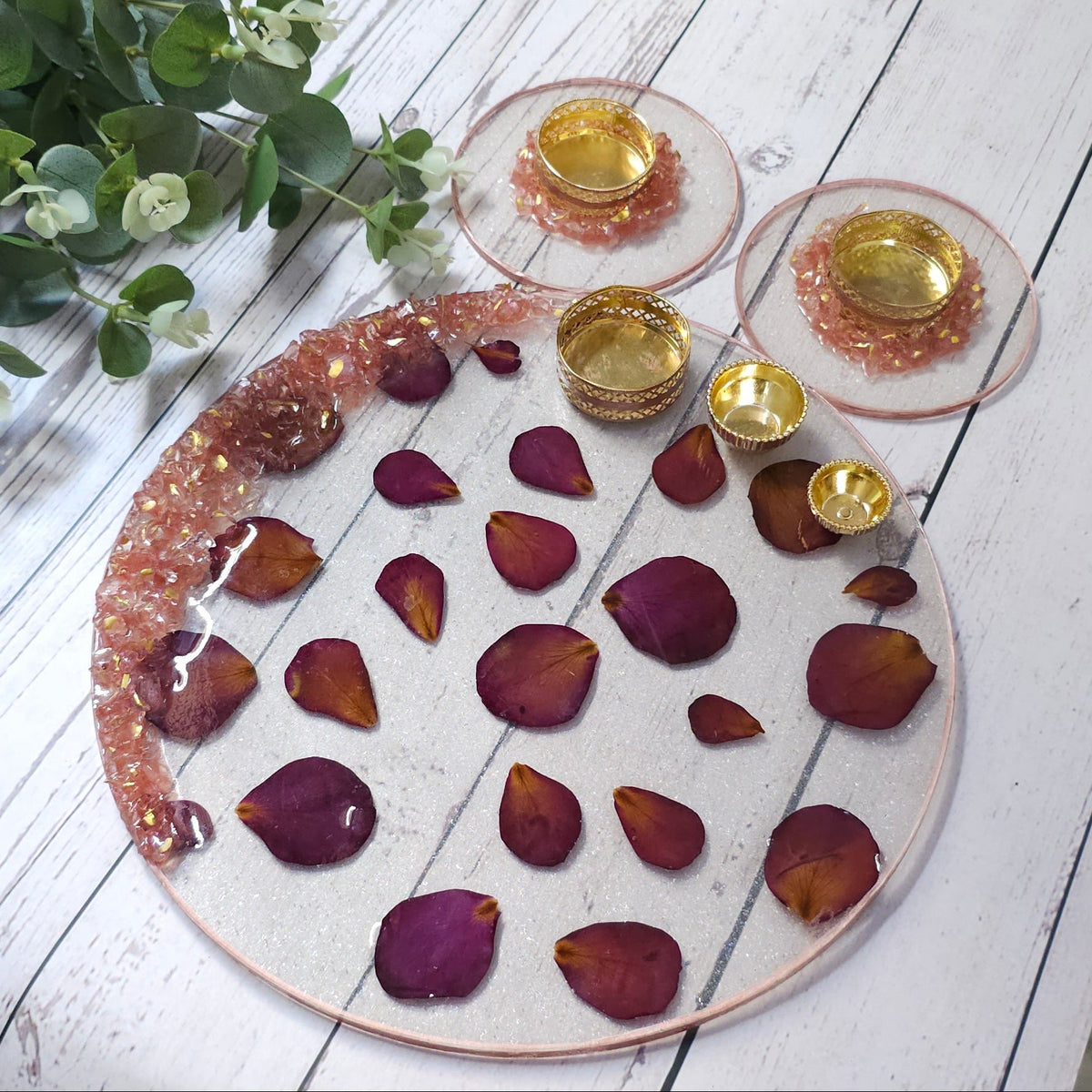 Rose Petal & Gold Resin Art Puja Thali Set