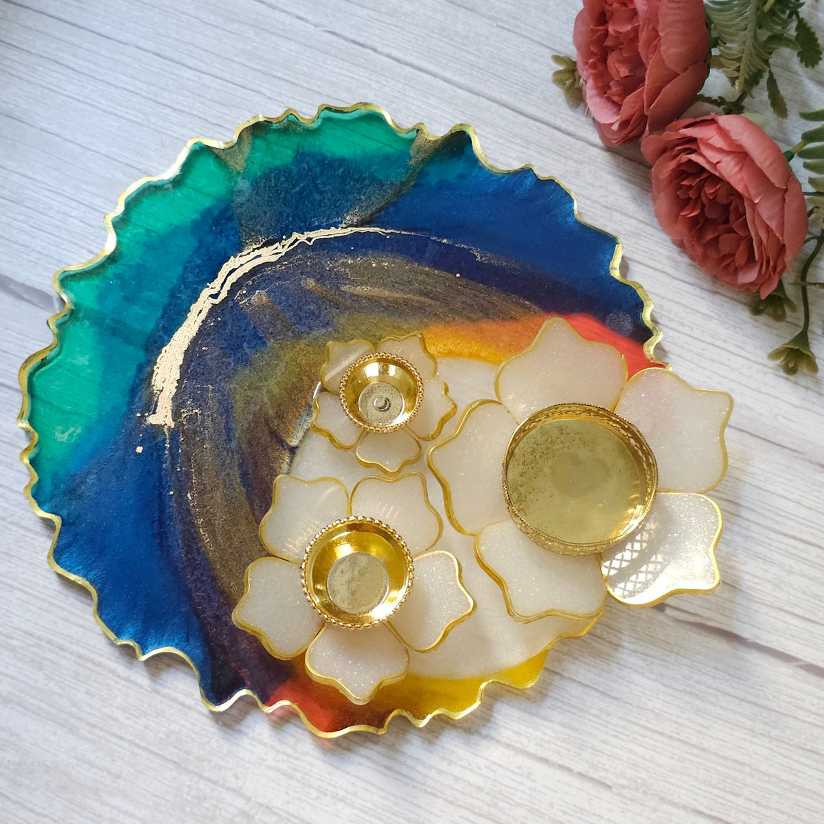 Rainbow Lotus Resin Art Puja Thali Set