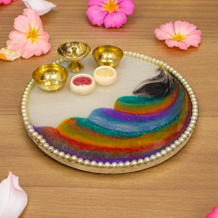 Peacock Feather Rainbow Resin Art Puja Thali