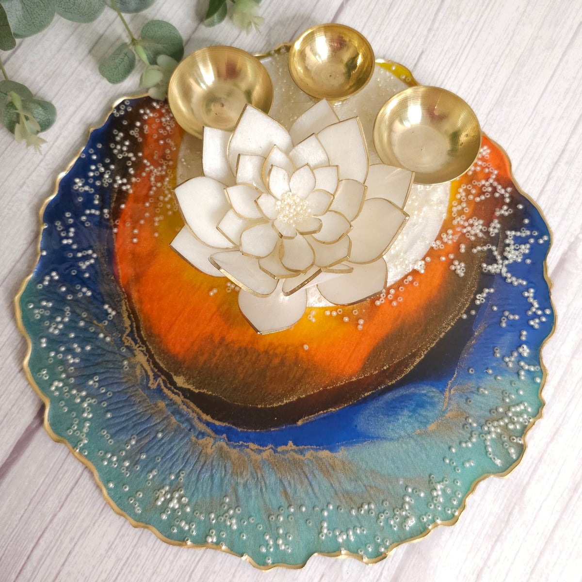 Lotus Bloom Blue & Orange Resin Art Puja Thali