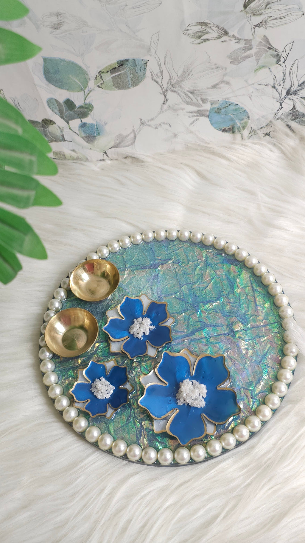 Blue Blossom Pearl Resin Pooja Thali