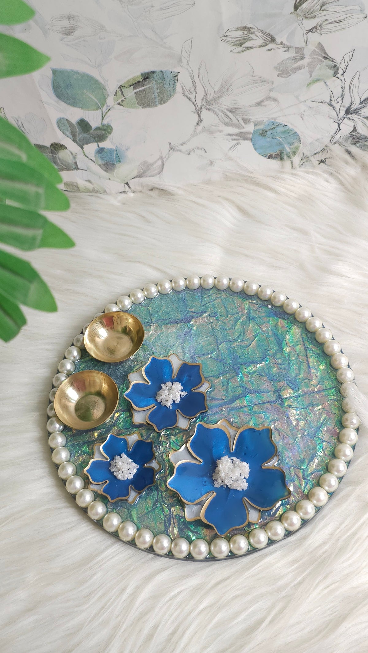 Blue Blossom Pearl Resin Pooja Thali