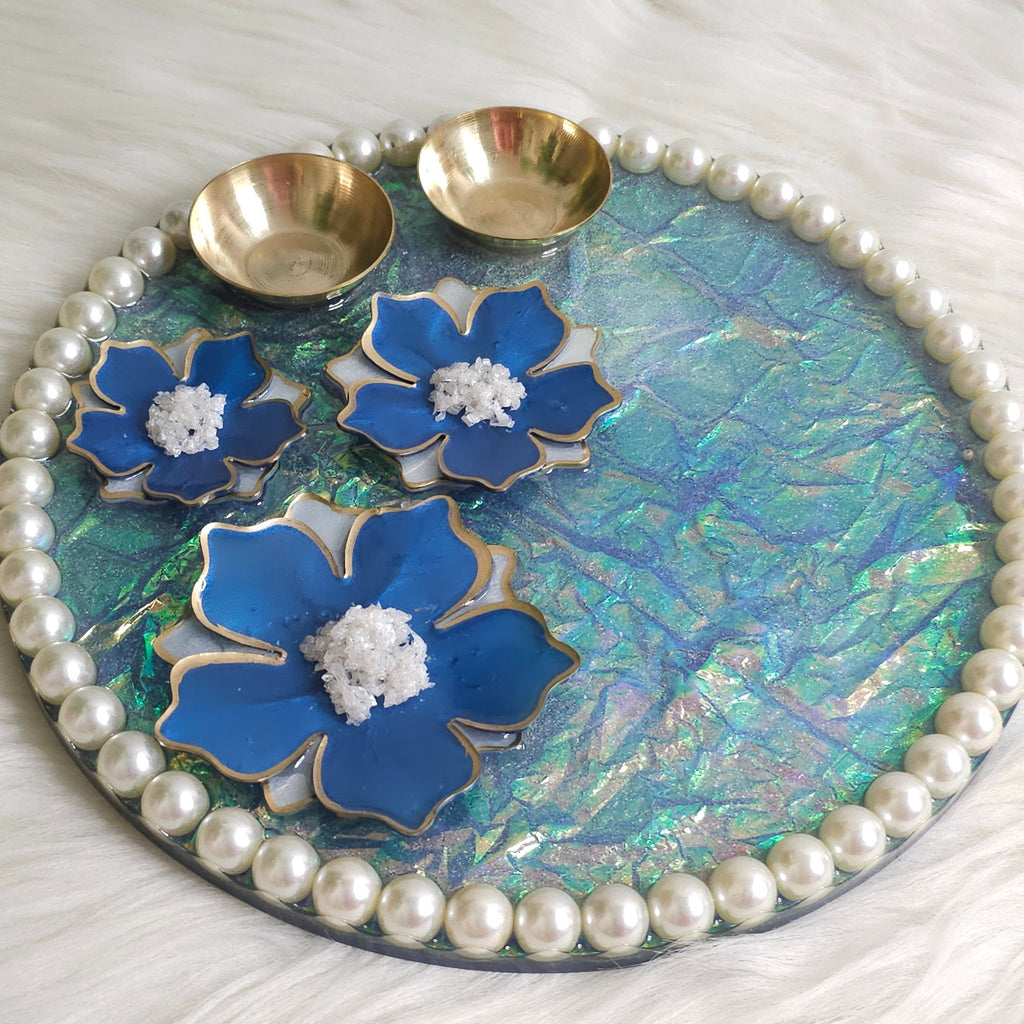 Blue Blossom Pearl Resin Pooja Thali
