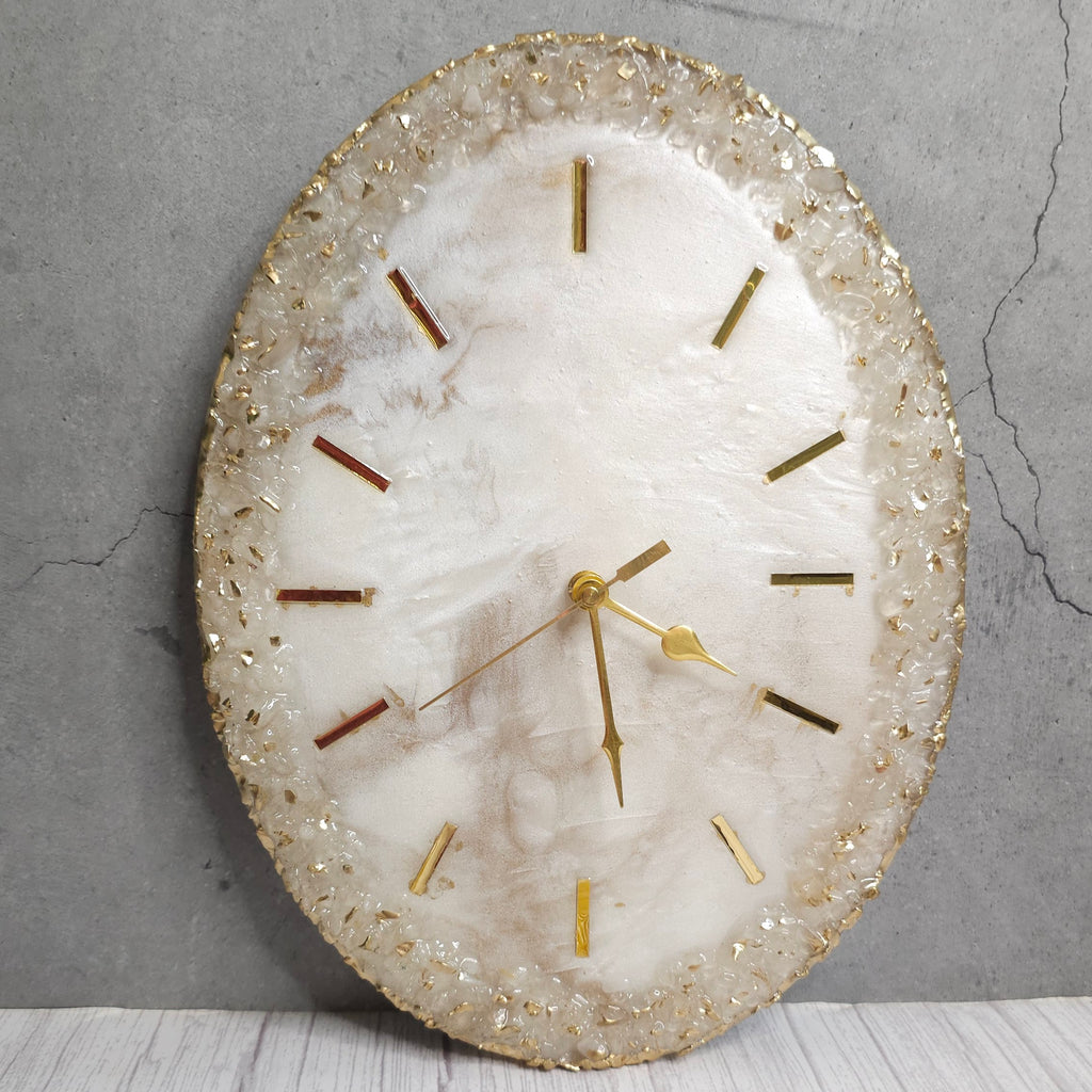 Pearl White & Gold Resin Wall Clock – Handmade Luxury Timepiece