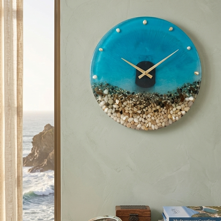 Wall clock with beach scene design in a room with a window view of the ocean.