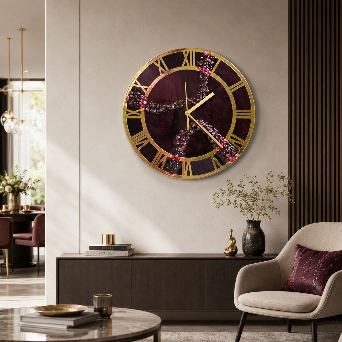 Royal Burgundy Resin Wall Clock – Handmade Luxury Art Clock
