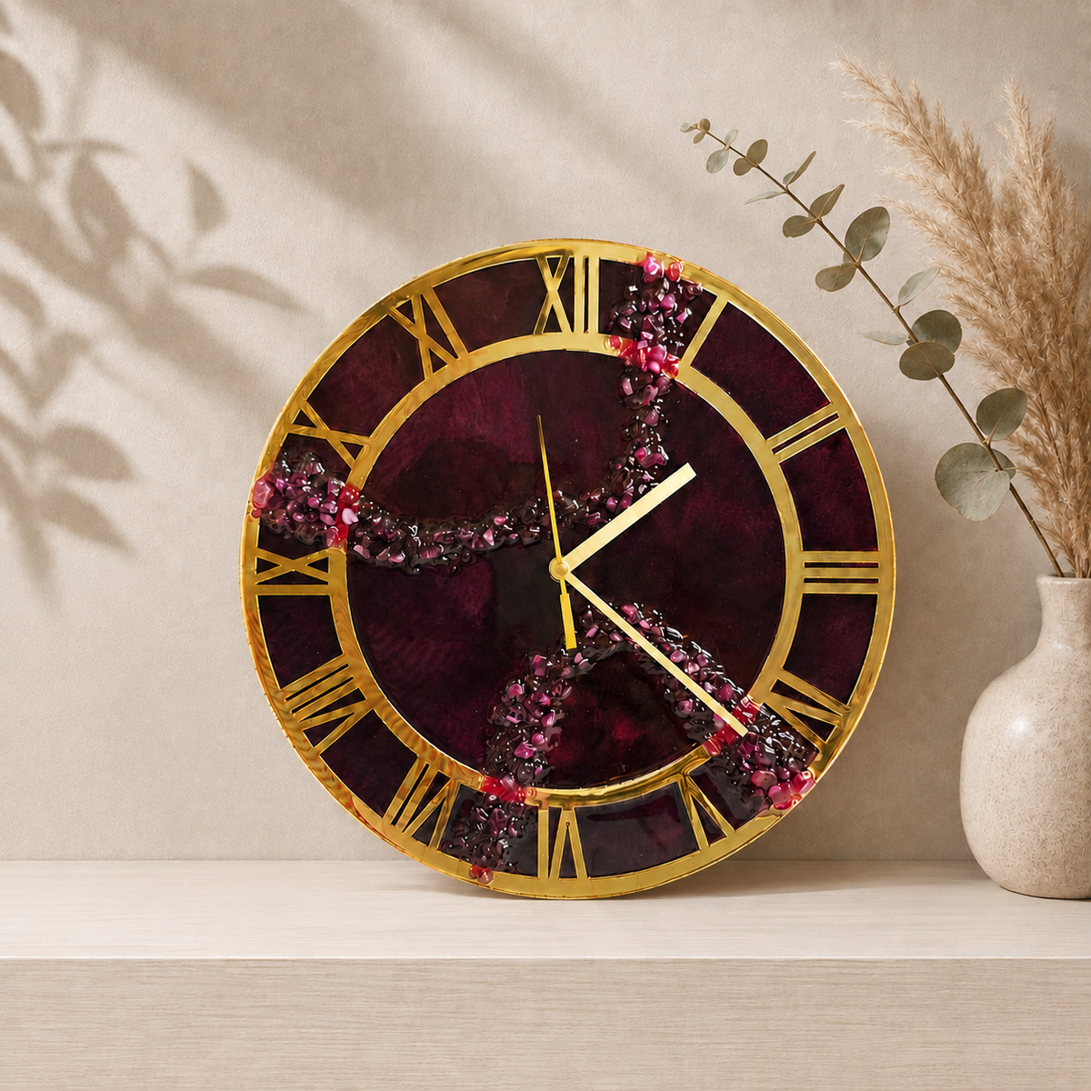 Royal Burgundy Resin Wall Clock – Handmade Luxury Art Clock