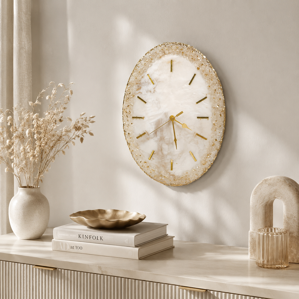 Pearl White & Gold Resin Wall Clock – Handmade Luxury Timepiece